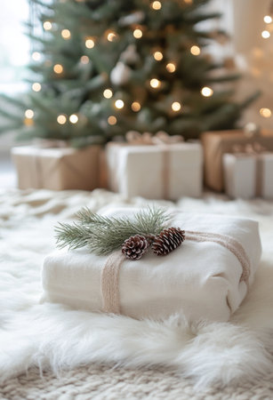A beautifully wrapped gift in white fabric sits on a soft rug, adorned with pinecones and greenery, besides a glowing Christmas tree surrounded by additional packages.の素材