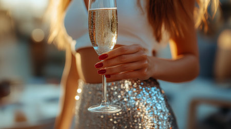 A woman in a cropped white shirt and sparkling skirt holds a glass of champagne, basking in the warm glow of sunset. The backdrop hints at an elegant indoor space, perfect for celebration.の素材