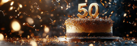 A beautifully decorated cake adorned with golden 50 candles sits at the center of a festive atmosphere filled with confetti and celebratory decorations, marking a special birthday.の素材