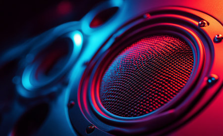 The speakers cone, detailed in texture, glows with striking blue and red lights, creating a dynamic atmosphere indicative of a live music event or a party setting, enhancing the excitement.の素材
