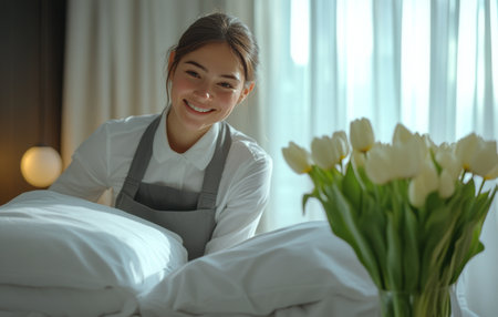 A friendly housekeeping staff member smiles as she arranges fresh lines and flowers in a hotel room, enhancing the welcoming atmosphere. Bright natural light fills the space.の素材