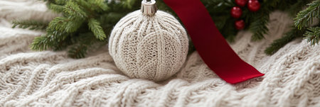 A cozy knit blanket lays softly on a surface, complemented by a silver ornament. The ornament hangs gracefully among evergreen branches, capturing a festive spirit.の素材