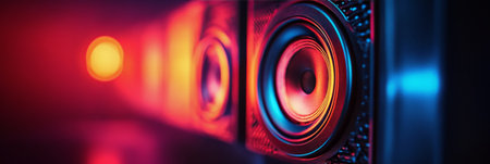 The shot reveals a detailed view of a camera lens, focusing on its intricate design and vibrant reflections. Colorful bokeh lights form a mesmerizing backdrop, enhancing the artistic feel.の素材