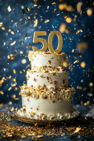 A delightful two tier cake adorned with a sparkling golden 50 topper, surrounded by cascading golden confetti. This festive centerpiece is perfect for anniversary celebrations.の素材