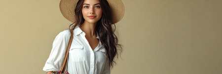 A young woman stands gracefully, wearing a straw hat and a floral shirt, with soft sunlight illuminating her features against a warm wall. She looks directly at the camera with a serene expression.の素材