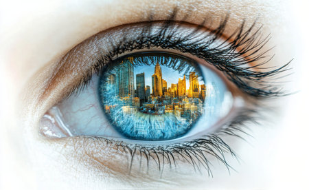 A close up view reveals a vivid city skyline reflecting in the eye, showcasing skyscrapers illuminated by twilight. The scene emphasizes the blend of urban beauty and human connection.の素材