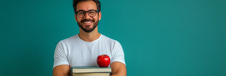 A young man with a beard and glasses smiles while holding a stack of books in one arm and an apple in the other against a bright teal backdrop, showing a blend of education and enthusiasm.の素材