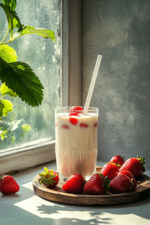 A tall glass of strawberry smoothie sits on a wooden plate, surrounded by fresh strawberries. Sunlight filters through the window, creating a warm atmosphere.の素材