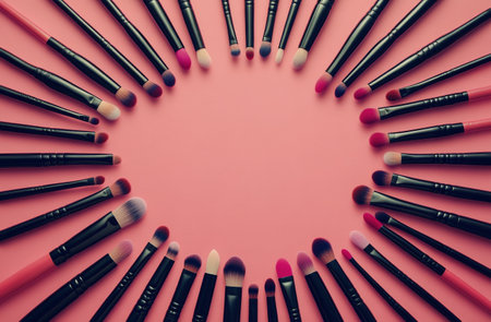 Various makeup brushes and beauty sponges are artistically arranged on a bright pink surface, showing their distinct shapes and colors, perfect for any makeup enthusiast.の素材