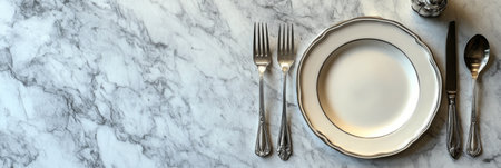 A laid out table features a pristine white plate alongside polished silver forks and knives, all set on a beautifully patterned marble surface, creating an inviting dining atmosphere.の素材