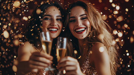 Two friends joyfully raise their champagne glasses while surrounded by swirling confetti in a lively party setting. Their laughter and vibrant energy fill the room.の素材