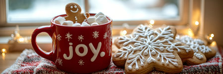 A warm red cup filled with hot cocoa topped with marshmallows sits beside a smiling gingerbread cookie on a wooden table. Soft lights twinkle in the background, creating a festive atmosphere.の素材