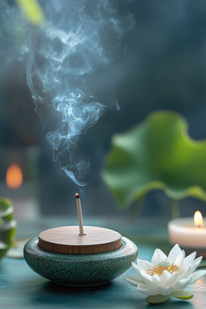 A stick of incense burns gently, releasing smoke amidst a peaceful arrangement of a lotus flower and a candle. The soft lighting creates a calm atmosphere perfect for relaxation.の素材