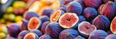 A variety of fresh figs are piled high at a bustling market, highlighting their vivid purple skin and sweet, juicy interiors. The summer sun illuminates the colorful fruit, inviting shoppers.の素材
