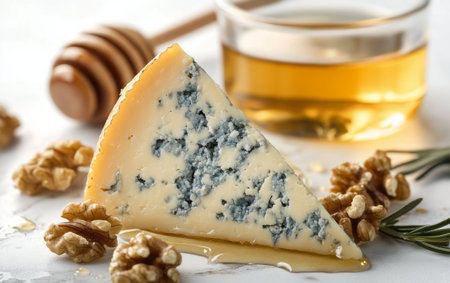 A beautifully arranged platter features blue cheese, honey in a small jar, and walnuts. The culinary display emphasizes the rich textures and flavors, perfect for a gourmet experience.の素材