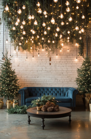A charming living space features a plush blue sofa set against a lush backdrop of festive evergreens. Warm lights and holiday decor create an inviting atmosphere for the season.の素材