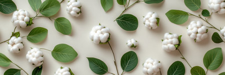 White cotton bolls and vibrant green leaves are artistically scattered on a soft light background, creating a serene and organic arrangement perfect for home decor or craft projects.の素材
