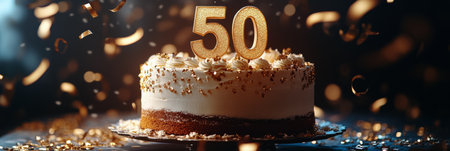 A beautifully decorated cake adorned with golden 50 candles sits at the center of a festive atmosphere filled with confetti and celebratory decorations, marking a special birthday.の素材