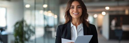A confident woman dressed in formal attire stands in a contemporary office, holding important documents. The workspace has a bright and professional atmosphere, reflecting a productive day.の素材