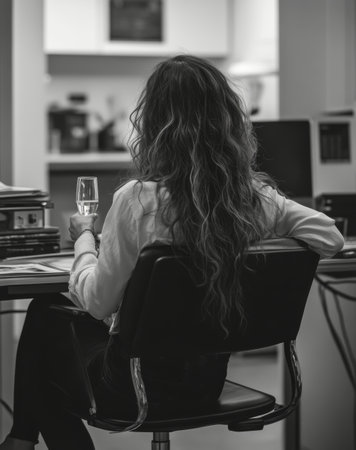 A woman with long, wavy hair sits in a black chair at her desk, holding a glass of sparkling water, appearing relaxed in a warmly lit home office setting.の素材