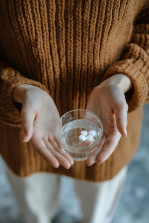 A person is holding two small cups, one containing water and the other three tablets, dressed warmly in a knitted sweater, evoking a sense of comfort on a cool day.の素材