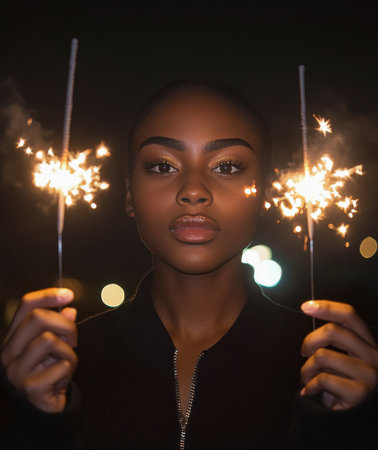 A muscular man holds sparklers in each hand, illuminated by their glow. The dark surroundings create a festive atmosphere as he enjoys a night out with friends, celebrating joyfully.の素材
