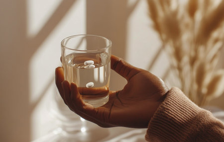 A person stands indoors, holding a clear glass of water with a tablet gently floating at the surface. Sunlight streams through nearby windows, illuminating the scene.の素材