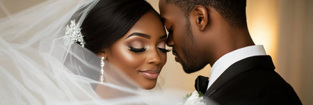 A couple shares a tender kiss as they embrace under a flowing veil. Their joyous expressions reflect love and commitment during their outdoor wedding ceremony.の素材