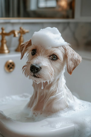A small dog with fluffy fur is happily sitting in a bathtub filled with warm water and soap bubbles. The bathroom features elegant fixtures and a relaxed atmosphere.の素材