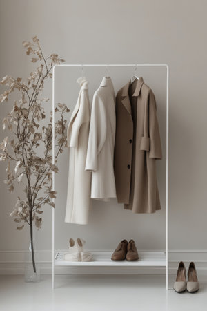 A minimalist clothing rack showcases two stylish coats in soft hues, paired with chic shoes, set against a neutral background with decorative elements, creating an elegant ambiance.の素材