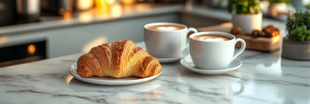 Two steaming cups of coffee sit beside a golden croissant on a marble countertop, creating a cozy morning setting perfect for enjoying breakfast at home.の素材