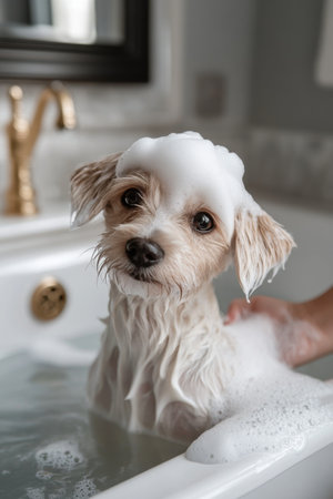 A small dog with fluffy fur is happily sitting in a bathtub filled with warm water and soap bubbles. The bathroom features elegant fixtures and a relaxed atmosphere.の素材