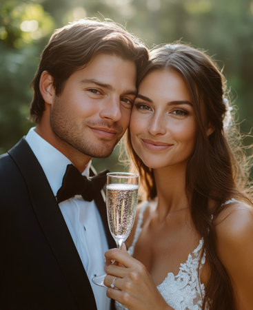 A happy bride and groom pose closely together, holding a glass of champagne. They are surrounded by a beautiful garden setting, radiating love and joy as they celebrate their special day.の素材