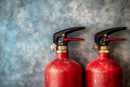 Two red fire extinguishers are displayed prominently against a teal background, showing their important role in fire safety at indoor locations, emphasizing readiness and functionality.の素材