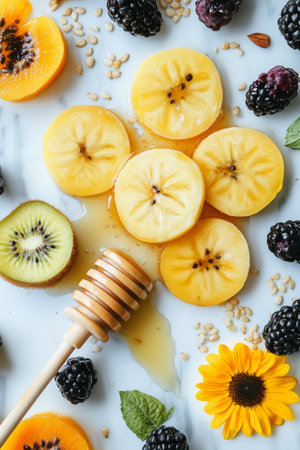 Vibrant lollipops glisten beside fresh blackberries on a marble surface, creating a colorful and appealing arrangement perfect for a sweet treat or dessert table display.の素材