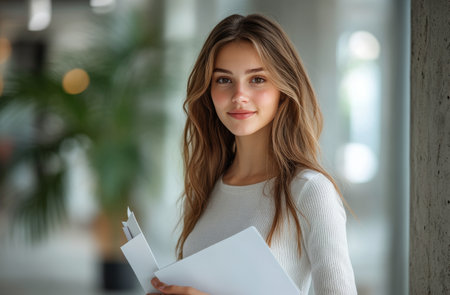 A cheerful young woman stands in a modern office, confidently holding a stack of documents. The space is well lit, with blurred lights creating a warm atmosphere.の素材