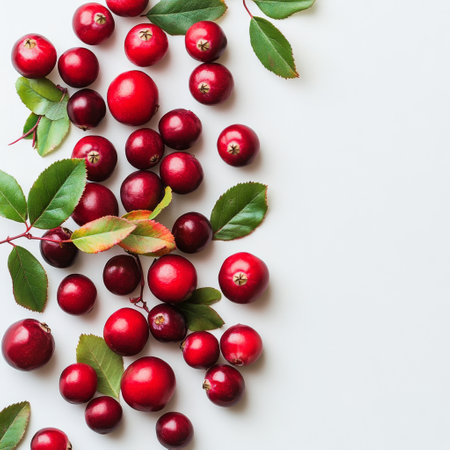 A cluster of ripe red cherries intertwined with bright green leaves creates a visually appealing arrangement. The fresh fruit is set against a light background, enhancing its vibrant colors.の素材