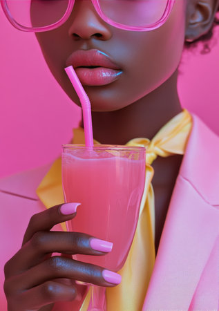 A fashionably dressed person in an elegant pink suit enjoys a refreshing pink beverage through a straw. The overall aesthetic is striking and harmonizes with the vibrant backdrop.の素材