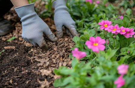 A gardener using a gloved hand to spread mulch around blooming flowers. Lush greenery and pink blossoms create a vibrant early spring garden.の素材
