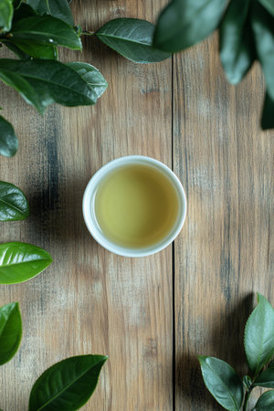 A warm cup filled with green tea sits in the center of a rustic wooden table, surrounded by vibrant green leaves. The inviting atmosphere suggests a moment of relaxation and comfort.の素材