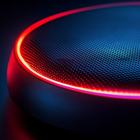 A contemporary audio speaker features distinct circular designs, glowing red and blue lights, and a textured black surface, creating a striking visual effect in low lighting.の素材