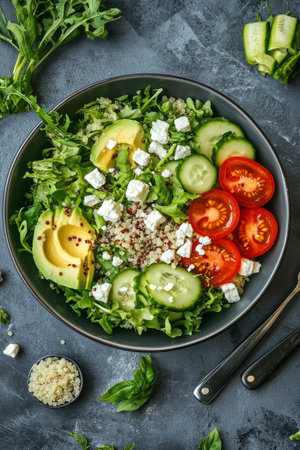 A vibrant salad featuring sliced cucumbers, ripe tomatoes, and crumbled feta cheese arranged artistically in a bowl, garnished with herbs and sesame seeds, ready to enjoy.の素材