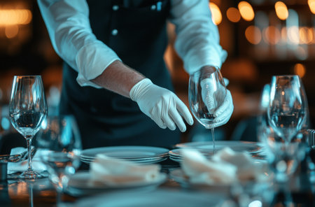A dedicated server in gloves carefully arranges a delicate dish at a beautifully set table with elegant glassware. The warm ambiance of the restaurant enhances the dining experience.の素材