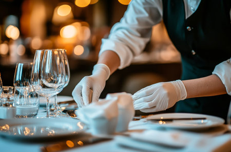 A dedicated server in gloves carefully arranges a delicate dish at a beautifully set table with elegant glassware. The warm ambiance of the restaurant enhances the dining experience.の素材