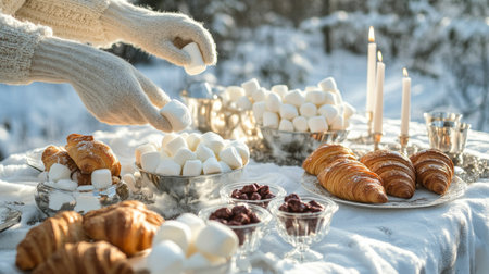 A person in cozy gloves prepares a platter of marshmallows and croissants on a snowy table adorned with candles, creating a warm atmosphere for a winter celebration with friends or family.の素材