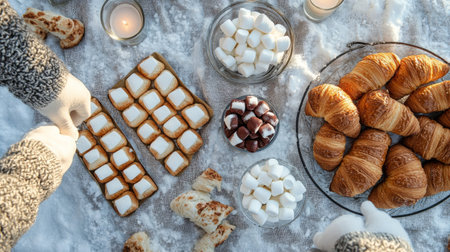 A person in cozy gloves prepares a platter of marshmallows and croissants on a snowy table adorned with candles, creating a warm atmosphere for a winter celebration with friends or family.の素材