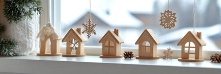 Wooden houses and snowflake ornaments hang from the window, creating a warm winter atmosphere while snow covers the windowsill, adding to the festive charm of the indoor space.の素材