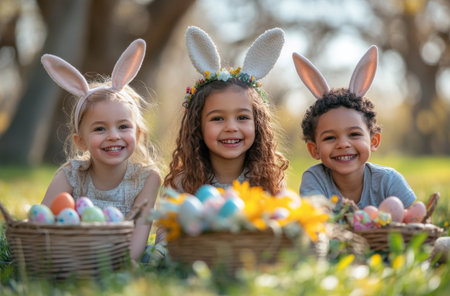 Three young kids with bunny ears sit on the grass, smiling joyfully while surrounded by baskets filled with colorful Easter eggs and bright flowers in a sunny park.の素材