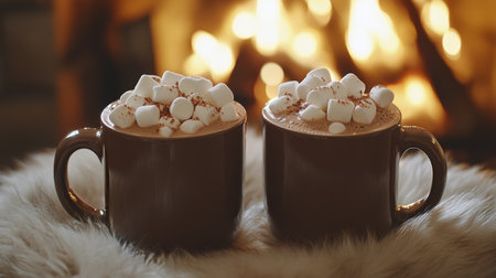 Two steaming mugs of rich hot chocolate topped with fluffy marshmallows sit on a soft surface. A roaring fireplace casts a warm glow, creating a cozy atmosphere perfect for winter.の素材