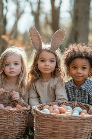Three children wear colorful bunny ear headbands as they smile at the camera. Each holds a woven basket filled with bright Easter eggs during a joyful outdoor egg hunt.の素材